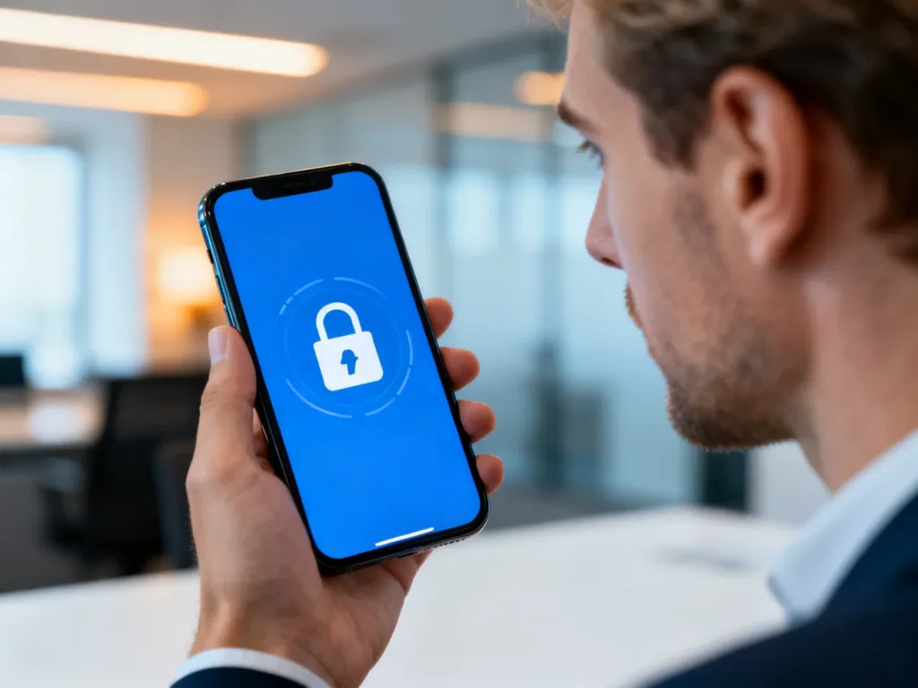 Mężczyzna trzymający smartfon z ikoną płatności cyfrowej w nowoczesnym biurze, symbolizujący bezpieczne transakcje BLIK.