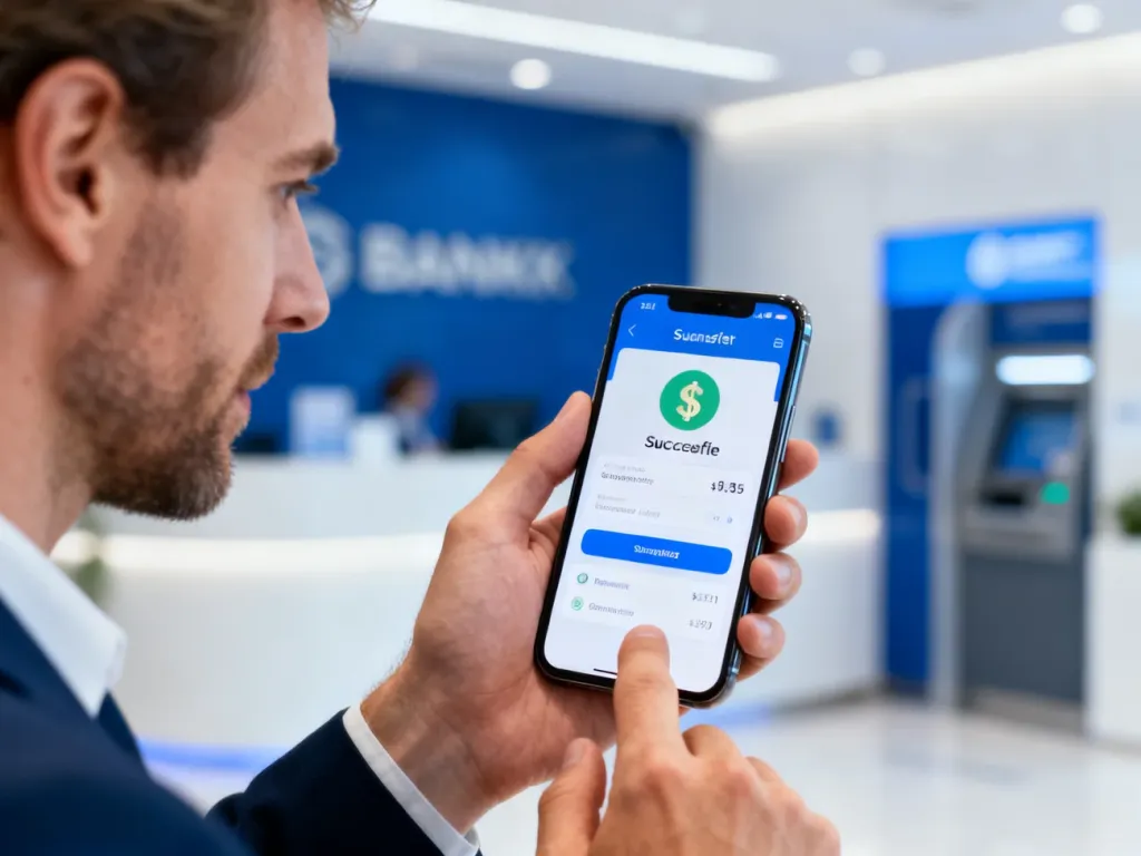 Mężczyzna trzymający smartfon z widocznym interfejsem aplikacji bankowej, potwierdzający udany przelew środków.