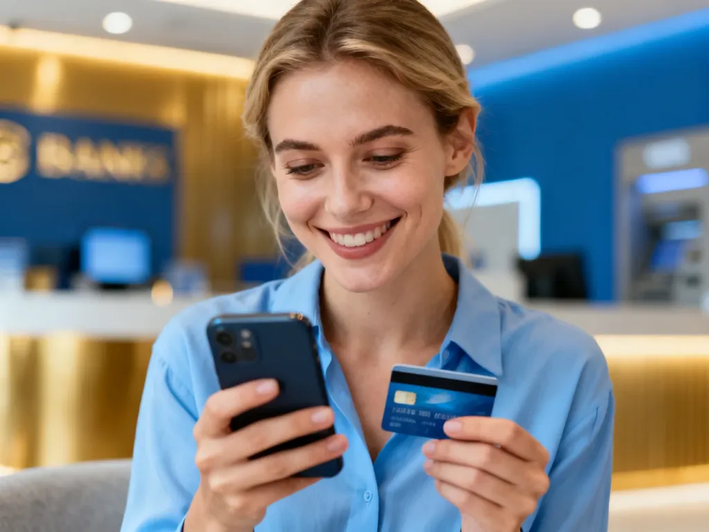 Kobieta zadowolona z obsługi bankowości mobilnej na smartfonie, trzymająca kartę płatniczą w nowoczesnym wnętrzu banku.