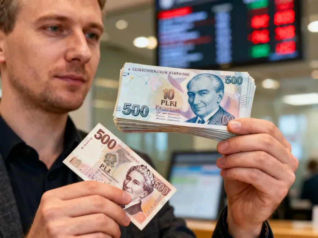 Mężczyzna trzymający w dłoniach banknot 500 zł oraz plik lir tureckich na tle kantoru, obrazujący wymianę walut.