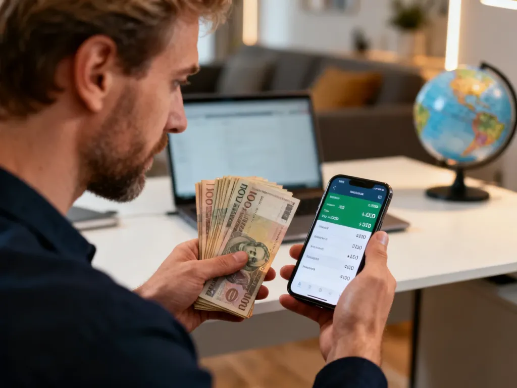 Mężczyzna sprawdza kurs wymiany walut w aplikacji na smartfonie, trzymając w dłoniach plik banknotów.