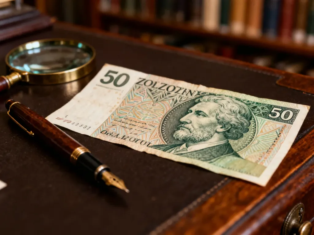 Banknot 50 złotych z portretem Kazimierza Wielkiego leżący na biurku obok pióra wiecznego i lupy.