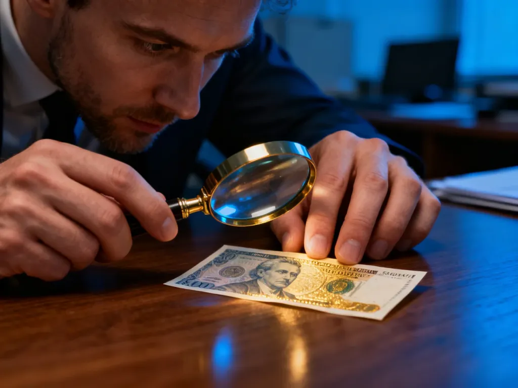 Mężczyzna używa lupy do szczegółowej weryfikacji faktury banknotu, sprawdzając autentyczność pieniądza.