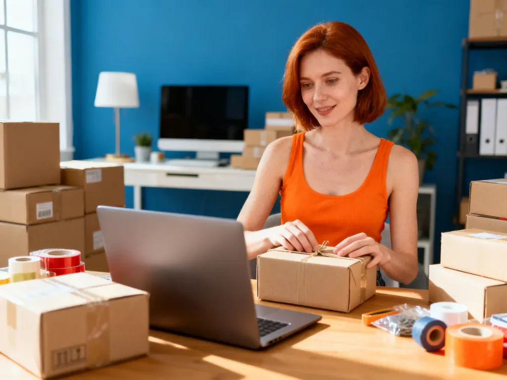 Kobieta pakująca produkty do wysyłki w domowym biurze, przygotowująca zamówienia dla klientów sklepu na eBay.