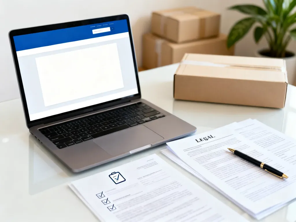 Laptop z otwartą stroną internetową, dokumenty prawne i lista kontrolna na biurku, symbolizujące przygotowanie regulaminu.