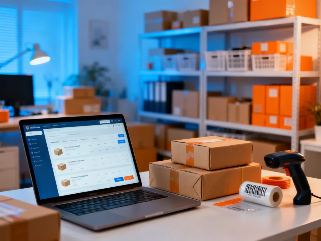 Stanowisko pracy e-commerce z laptopem, paczkami i akcesoriami do wysyłki, przygotowane do prowadzenia sprzedaży online.