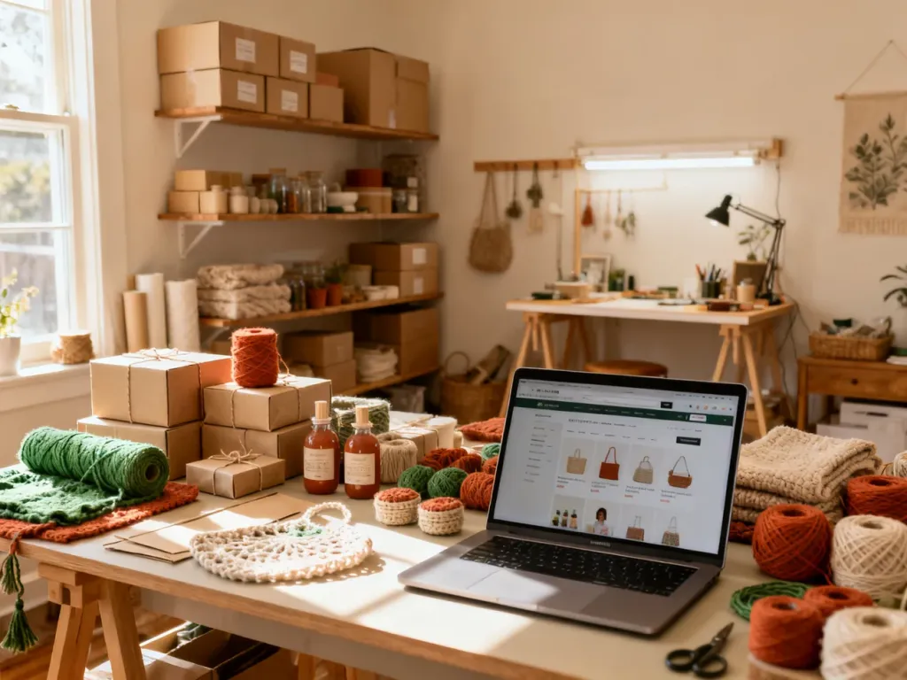 Przytulne domowe stanowisko pracy z rękodziełem i materiałami do pakowania, gotowe do wysyłki zamówień z Etsy.