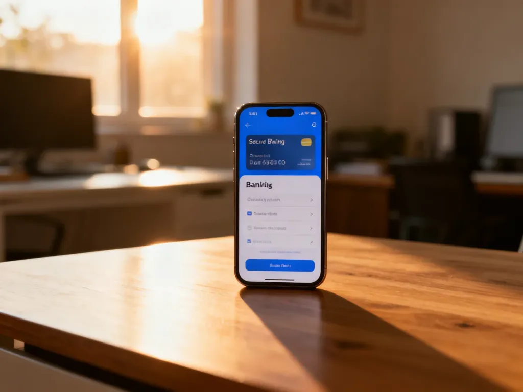 Smartfon z interfejsem bankowości mobilnej na drewnianym biurku w słonecznym biurze domowym.