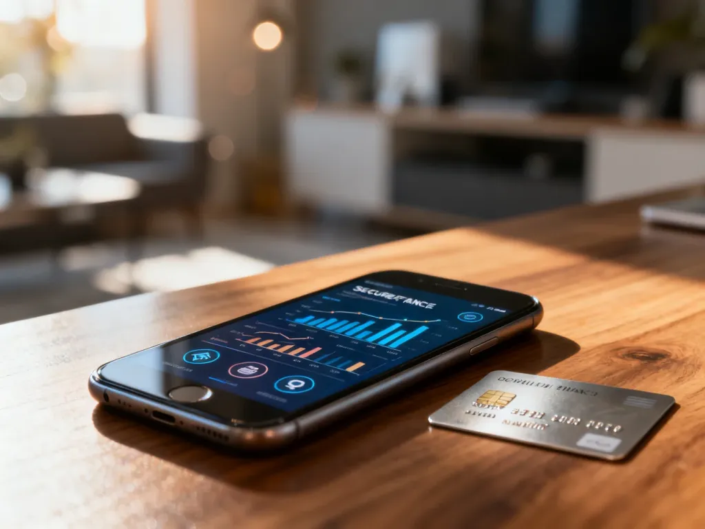Smartfon z aplikacją bankową i karta płatnicza na biurku, symbolizujące wygodne zarządzanie finansami online.