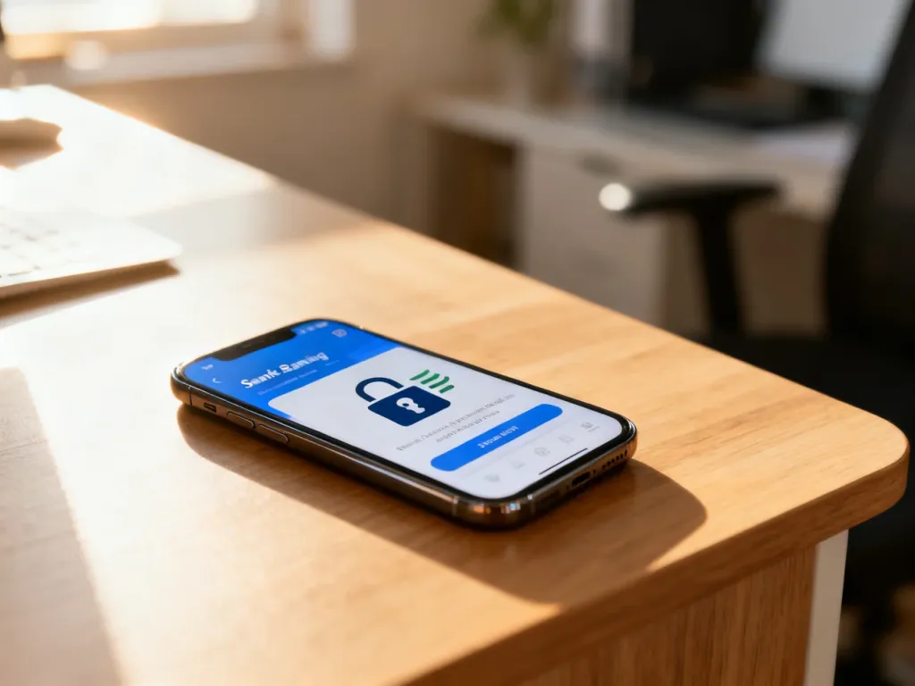 Smartfon z otwartą aplikacją bankową na drewnianym biurku, symbolizujący wygodne wykonywanie przelewów online.