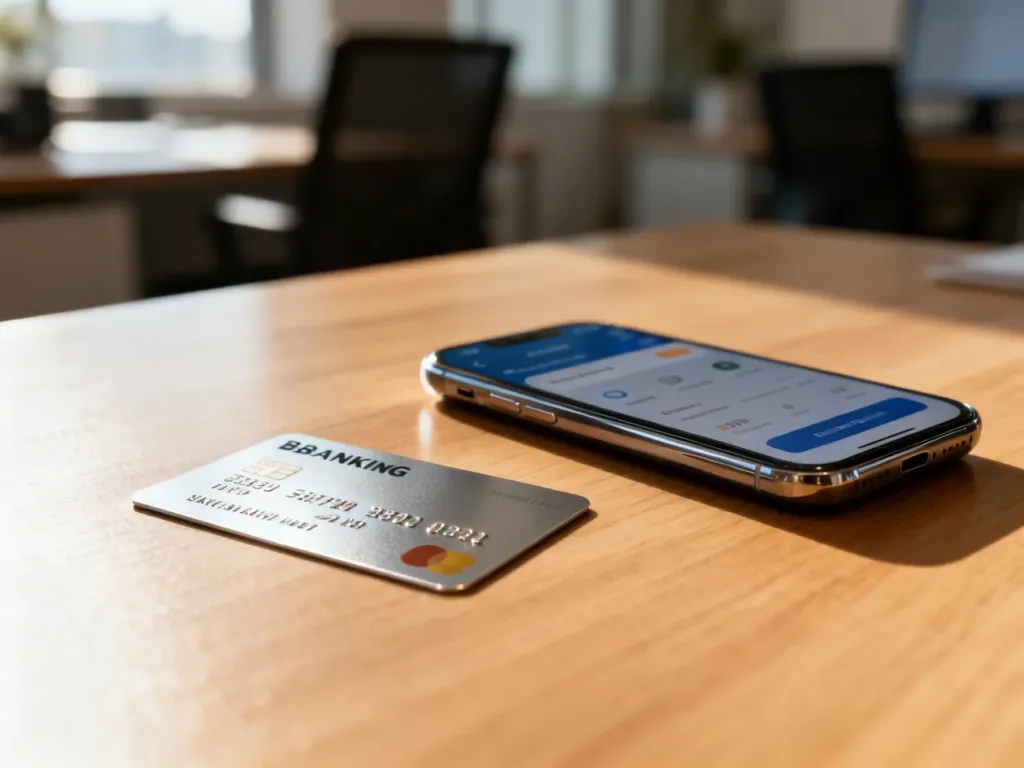 Karta płatnicza i smartfon z aplikacją bankową na drewnianym biurku, symbolizujące nowoczesne zarządzanie finansami.