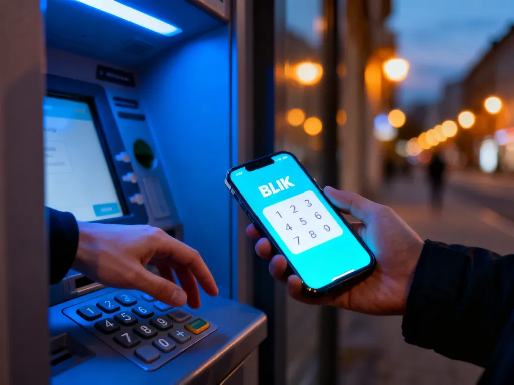 Dłoń trzymająca smartfon z kodem BLIK przy klawiaturze bankomatu, gotowa do wypłaty gotówki w miejskim otoczeniu.