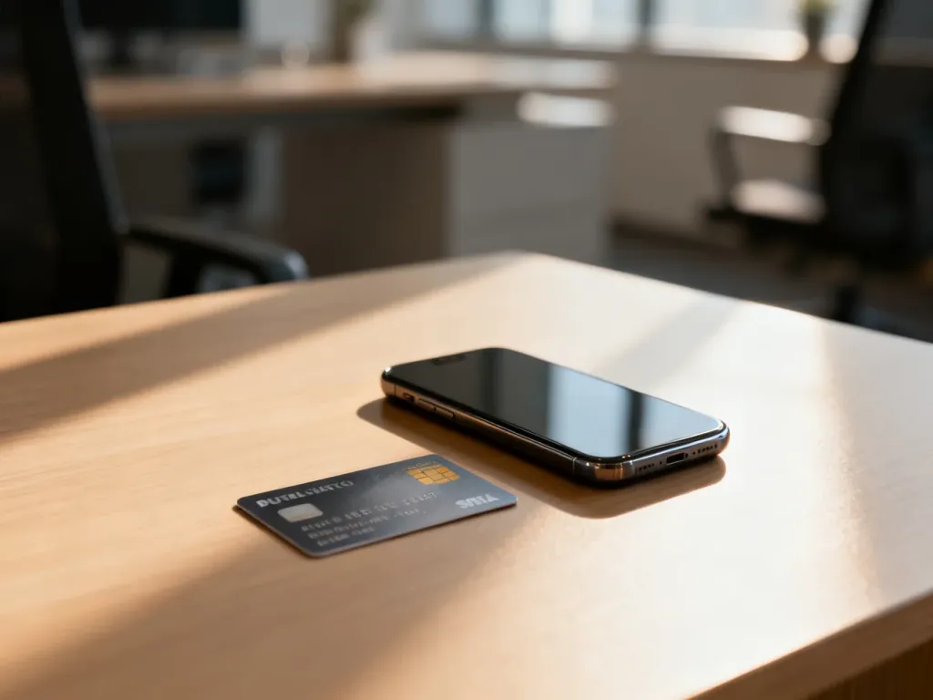 Nowoczesny smartfon obok tradycyjnej karty płatniczej na drewnianym biurku, ilustrujący porównanie metod płatności zbliżeniowych.