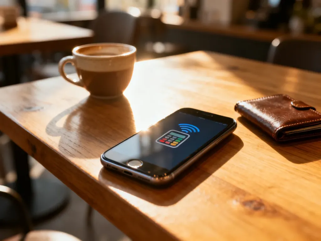 Smartfon z ikoną płatności zbliżeniowych leżący na drewnianym stole w kawiarni, gotowy do dokonania płatności Google Pay.