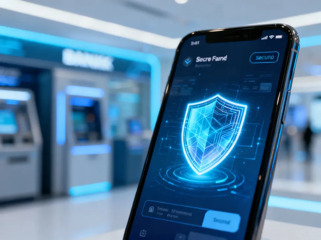 Smartfon z wyświetlonym cyfrowym interfejsem płatności i ikoną tarczy, symbolizujący bezpieczeństwo transakcji BLIK.
