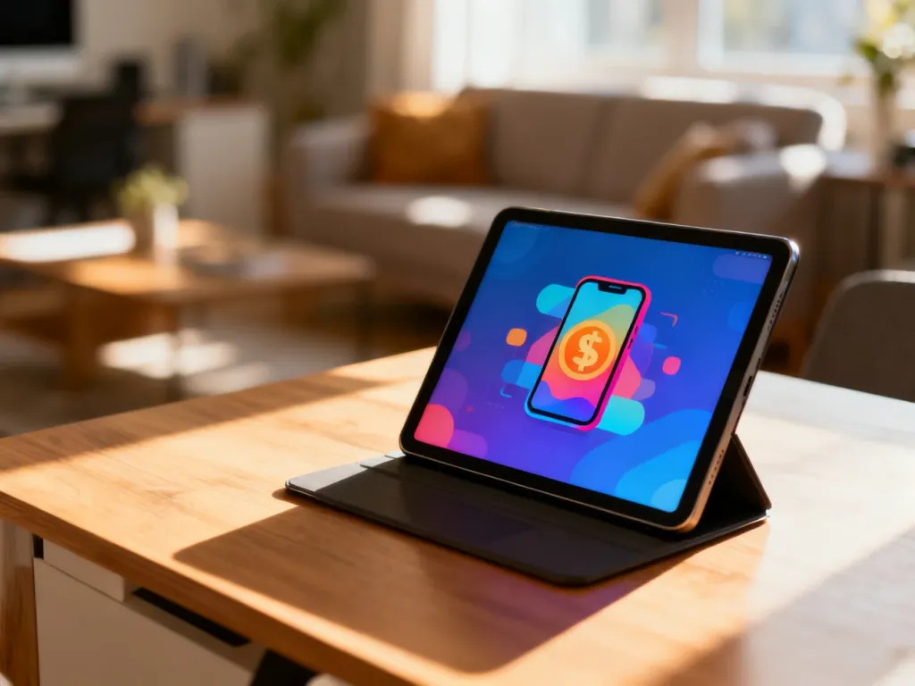 Nowoczesny tablet z ikoną finansów na ekranie, leżący na drewnianym biurku w jasnym domowym biurze.