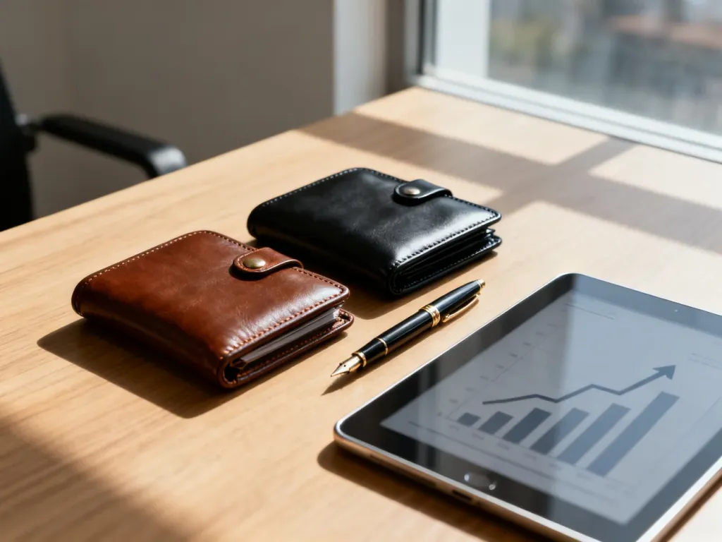 Dwa portfele, pióro i tablet z wykresem finansowym na biurku, symbolizujące różnice między finansami osobistymi a firmowymi.