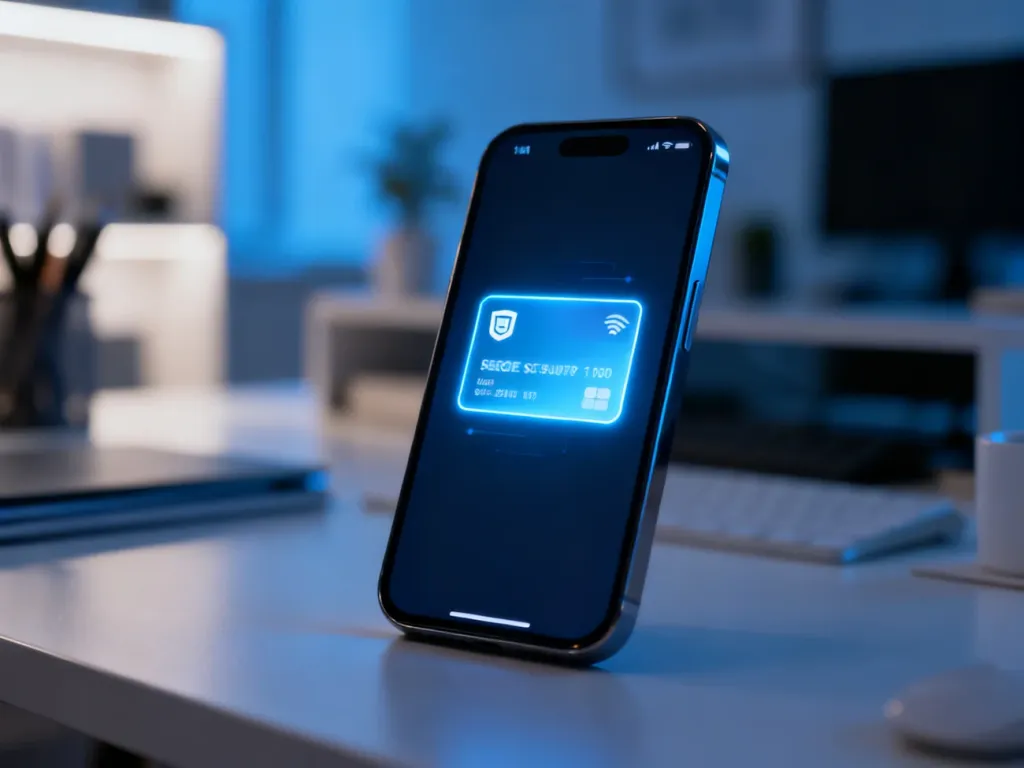 Smartfon z wyświetloną ikoną wirtualnej karty płatniczej w nowoczesnym biurze. Obraz ilustruje bezpieczne płatności online.