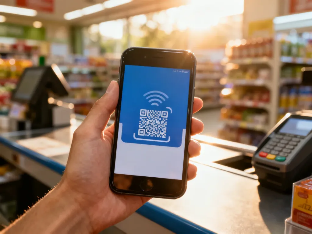 Dłoń trzymająca smartfon z wyświetlonym interfejsem płatności BLIK na tle sklepowej kasy.