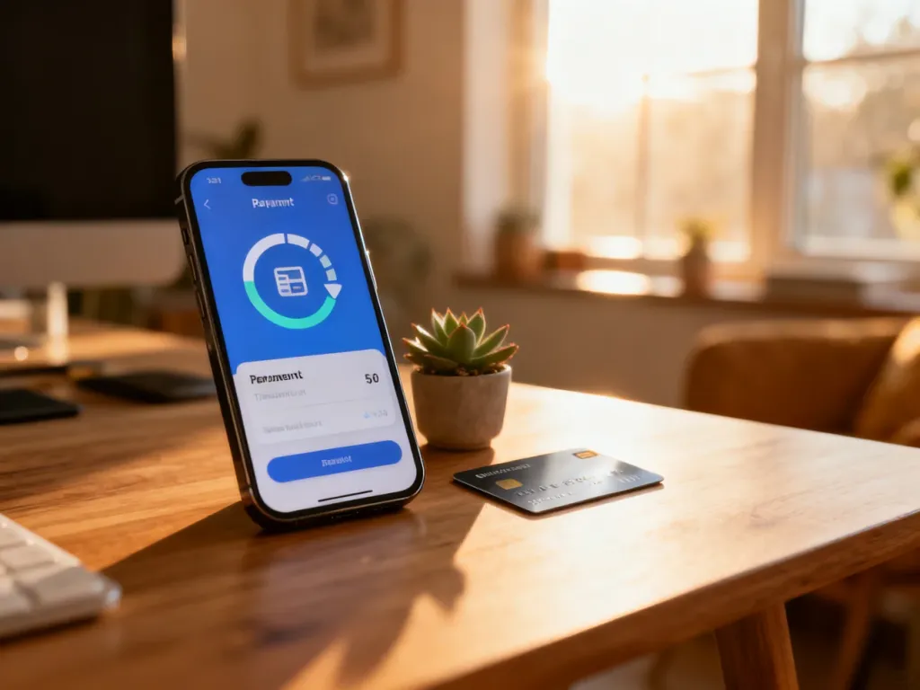 Smartfon z ikoną płatności cyklicznych oraz karta płatnicza na minimalistycznym biurku w domowym biurze.