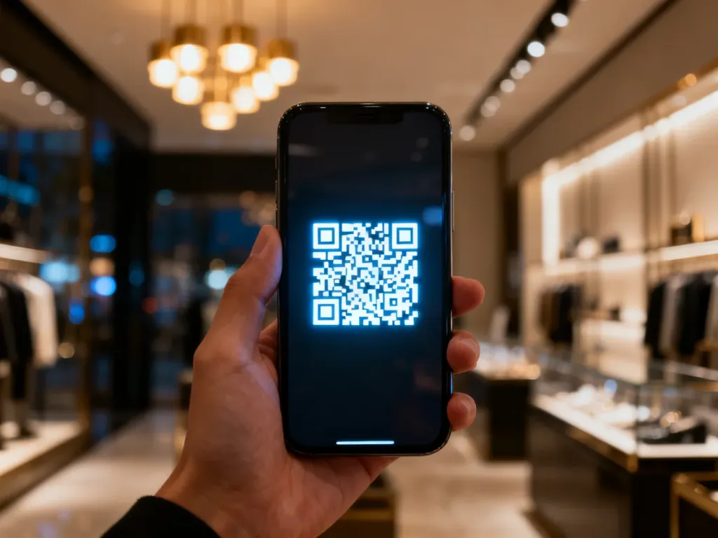 Dłoń trzymająca smartfon z wyświetlonym kodem QR, gotowym do zeskanowania w sklepie podczas płatności mobilnej.